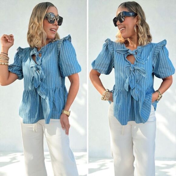 Anniewear Stripe Front Bow Denim Peplum Blouse Size Large NWT - Picture 5 of 10